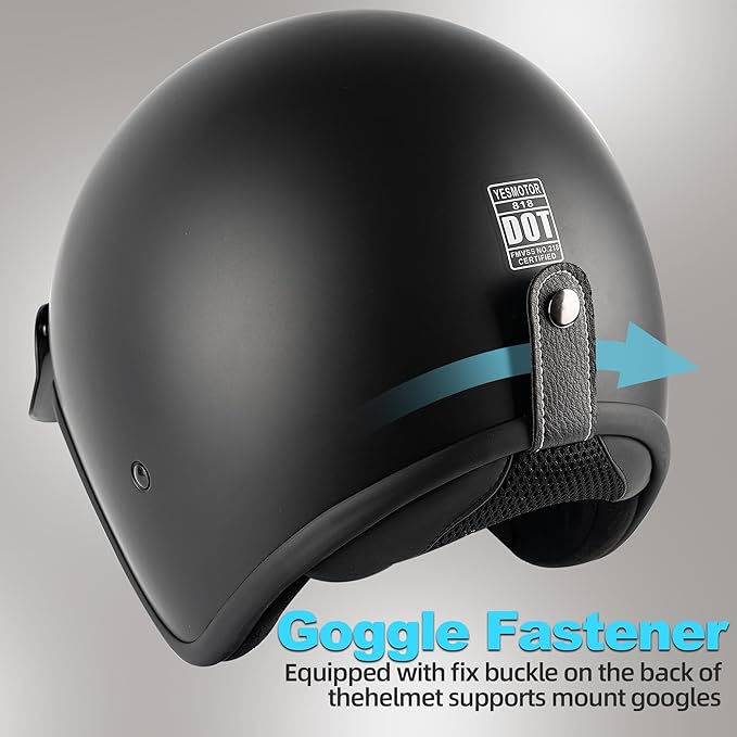 Yesmotor 3/4 Open Face Retro Motorcycle Helmet Vintage Helmet for Motorbike Casco, Moped, Cruiser, Bobber, and Chopper - DOT Approved（Matte Black,M）