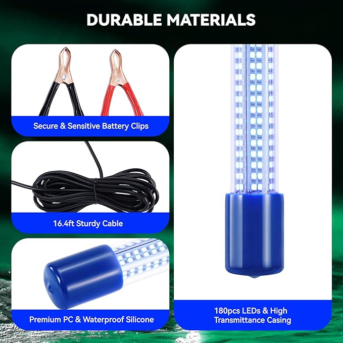 18W Underwater Fishing Light, IP68 Waterproof DC 12-24V LED Fish Bait Light Submersible Finder Attractants Lamp for Crappie Shrimp Squid Catfish + Battery Clamps, 16.4ft Cable Green/Blue/White Light