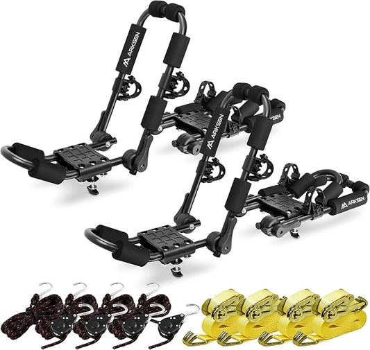 ARKSEN 2 Pair Universal Folding Kayak Roof Rack Heavy Duty Adjustable J-Bar Kayak and Canoe Carrier with 4 Lashing Straps, 4 Stern Tie Down Straps for Cars, SUVs, and Trucks