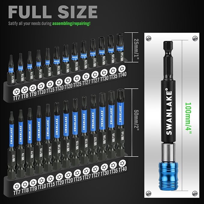 SWANLAKE インパクトトルクスビットセット、27ピース (TT7-TT40) 1インチ&2インチ セキュリティタンパープルーフ マグネットドライバービット、CNC機械加工チップ、S2スチールロングトルクススタービット、4インチインパクトビットホルダーと収納ボックス付き