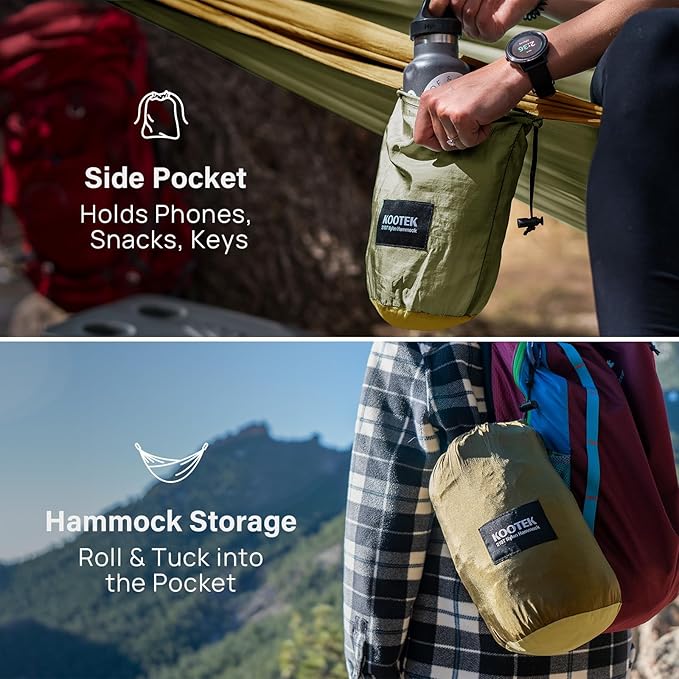 Kootekキャンプハンモック、ツリーストラップと一体型キャリーバッグ付きポータブルハンモック、キャンプ必需品、屋外・屋内でのハイキング、ビーチ、バックパック旅行に最適