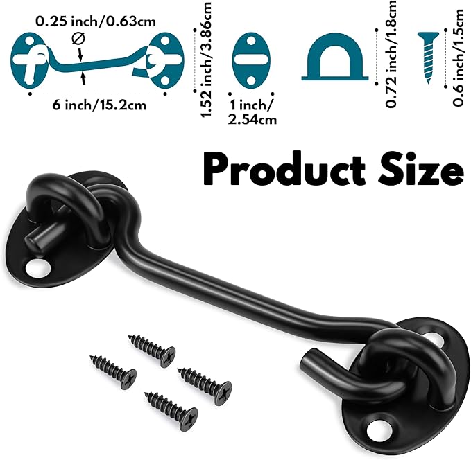 Rainspire (2 Pack) Privacy Hook and Eye Latch for Barn Door, Stainless Steel Gate Latch Barn Door Lock Cabin Hooks for Gate Shutters Window Slide Barn Shed Cabinet Bathroom (Black, 6 Inch)