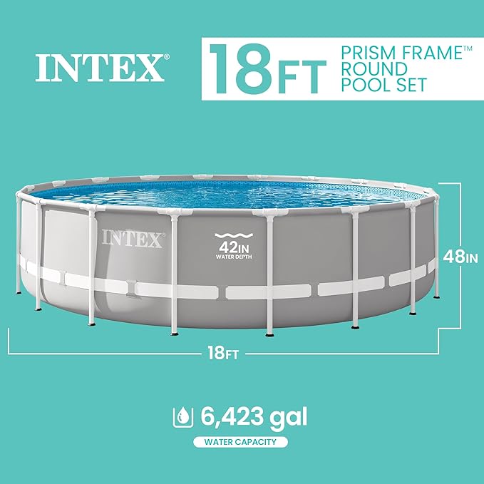 INTEX 26731EH Prism Frame Premium Above Ground Swimming Pool Set: 18ft x 48in – Includes 1500 GPH Cartridge Filter Pump – Removable Ladder – Pool Cover – Ground Cloth