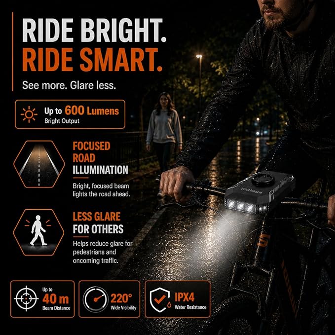 Bike Headlight for Night & Daytime Riding - 600 Lumens Rechargeable Front Light Compatible with Garmin/Wahoo Bike Computers, USB-C, 4 Modes, Smart Auto Sleep/Wake for MTB & Ebike