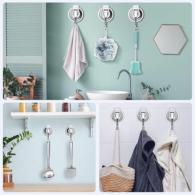 Heavy Duty Vacuum Suction Cup Hooks, Silver Plated Polished Super Suction for Kitchen Bathroom, 1 Pack