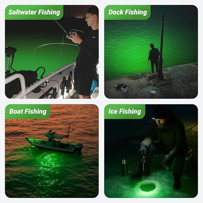 Rechargeable Underwater Fishing Light,Auto On in Water,Multi-Color Options, Up to 16000lm, IP68 Waterproof,No External Power,Cordless,Night Boat Dock Ice Fishing