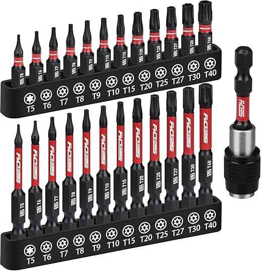 25-Piece Torx Bit Set, 1''&2.5'' Security Tamper Proof Torx Impact Screwdriver Bits, T5-T40 CNC Machined Magnetic Tips, S2 Steel Star Bit, High Torque Strength Precision Tools with Storage Box