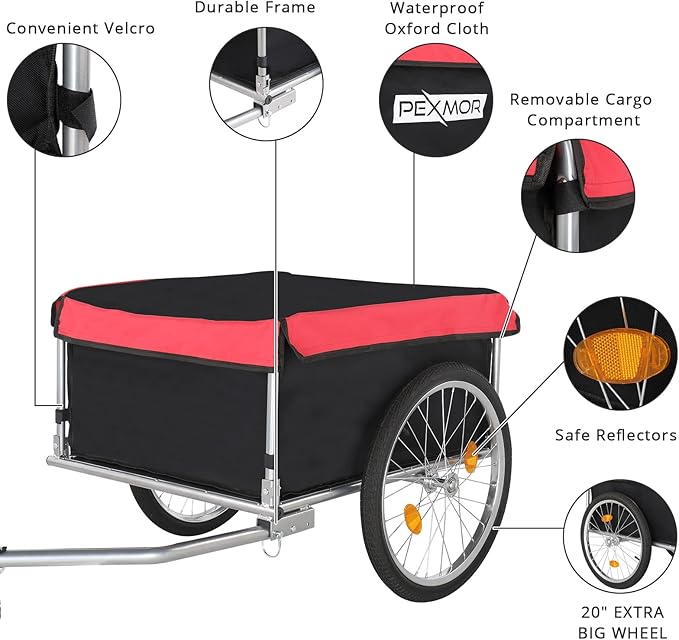 PEXMOR Bike Cargo Trailer, Foldable Bicycle Cart Bike Wagon Trailer w/Universal Bike Hitch & 20" Quick Release Wheel, Folding Bike Luggage Carrier w/Waterproof Cover, Large Loading Bike Storage Cart