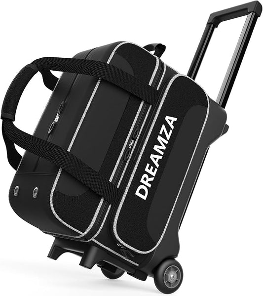 2 Ball Bowling Bag with Wheels, Double Bowling Ball Bag 2 Ball Roller w/Separate Compartment for Shoes Up to US Mens Size 16, w/Retractable Handle Extends to 40" & Accessories Pocket