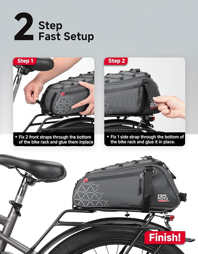 KEMIMOTO Rear Bike Rack Bag - 8L PVC Water Resistant Ebike Bags for Bicycle Rear Rack, Bicycle Trunk Pannier for Commuter Travel Shopping and Cycling (Grey)