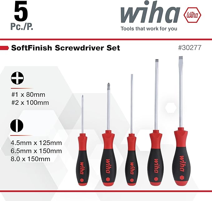 Wiha 30277 SoftFinish Screwdriver Set, 5 Piece, Slotted & Phillips, Cushion Grip Handles, Chrome Finish