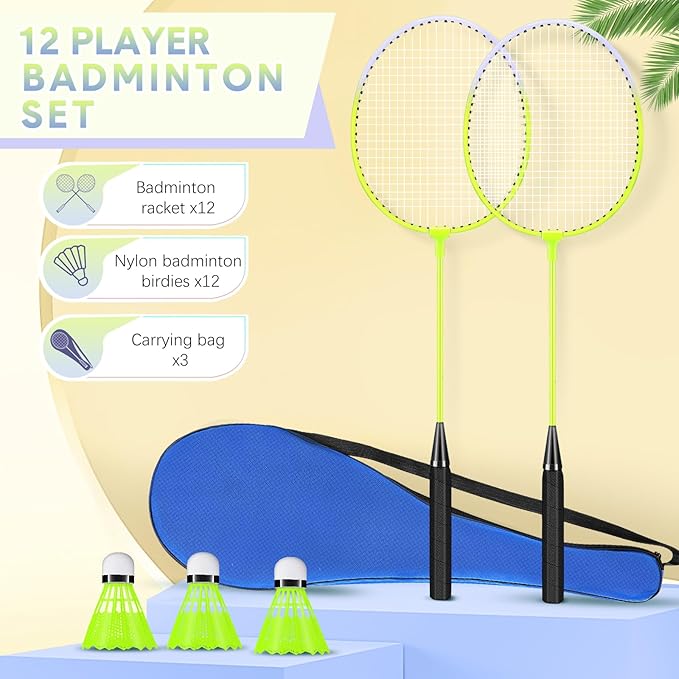 12 Pack Badminton Rackets Set Including Badminton Racquets, Nylon Shuttlecocks and Carry Bag for Outdoor Backyard Games Beginners