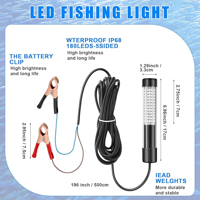 Geelin 2 Pcs 12v 10w Green Underwater Fishing Light Submersible Lure Bait LED Fishing Attracting Light Night Green Glow Finder Lamp for Pool Boat Sea Ice Crappie Squid Shad Shrimp