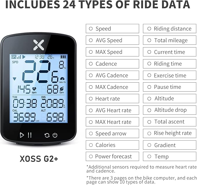 XOSS G+ Gen2 GPS Bike Computer with Mount, 2.2" Bluetooth Wireless Cycling Speedometer, Type-C Multifunctional ANT+ Bicycle Odometer with Auto Backlight and IPX7 Waterproof Bike Tracker (4 in 1)
