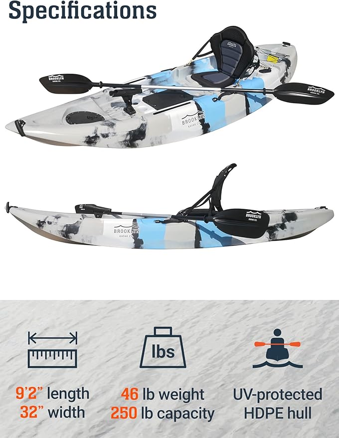 Brooklyn 9.2 Sit-On-Top Single Fishing Kayak by BKC, Lightweight Solo Kayak with Dry Hatches, Rod Holders & Accessory Rails for Lakes & Rivers (Upright Seat or Memory Foam Seat)