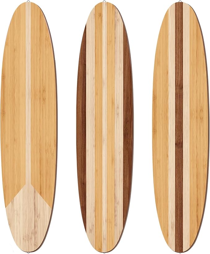 Gerrii 3 Pieces Surfboard Wall Decor 23.6" x 5.4" Preppy Beach Room Decor Aesthetic Large Wooden Cute Beachy Tropical Wall Art for Surfer Bedroom Bathroom Decorations(Log Color,Stripe)