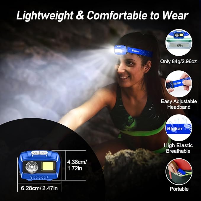 Blukar LEDヘッドランプ、2000ルーメン超高輝度充電式ヘッドライト懐中電灯（白色＆赤色光2個パック）-モーションセンサー、調光可能、8モード、スポットライト＆フラッドライト、IPX5防水、キャンプ用-ブルー