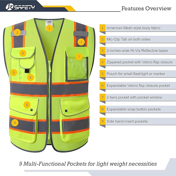JKSafety 9 Pockets Hi-Vis Neon Yellow Zipper Front MESH Safety Vest with Fluorescent Orange Extend Edge outlining the Reflective Tapes Meet ANSI/ISEA Class 2 Standard (100 Yellow, S)