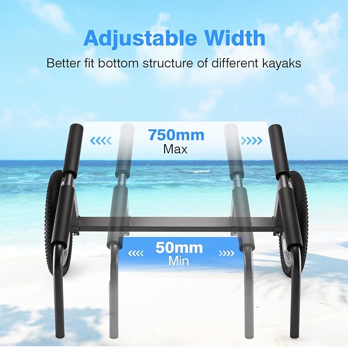 Kayak Beach Cart, SUP Cart,Width Adjustable Universal Canoe Dolly Heavy Duty Kayak Trolley with 16" Wheels, Sturdy 300 LBS Weight Capacity