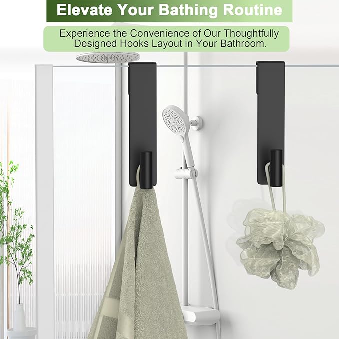 Shower Door Hooks, Heavy Duty Rack Hooks for Robe, Stainless Steel Towel Hooks for Bathroom, Fits Frameless Glass Shower Doors up to 3/8" (10mm) Thick (Black, 2 Pack)