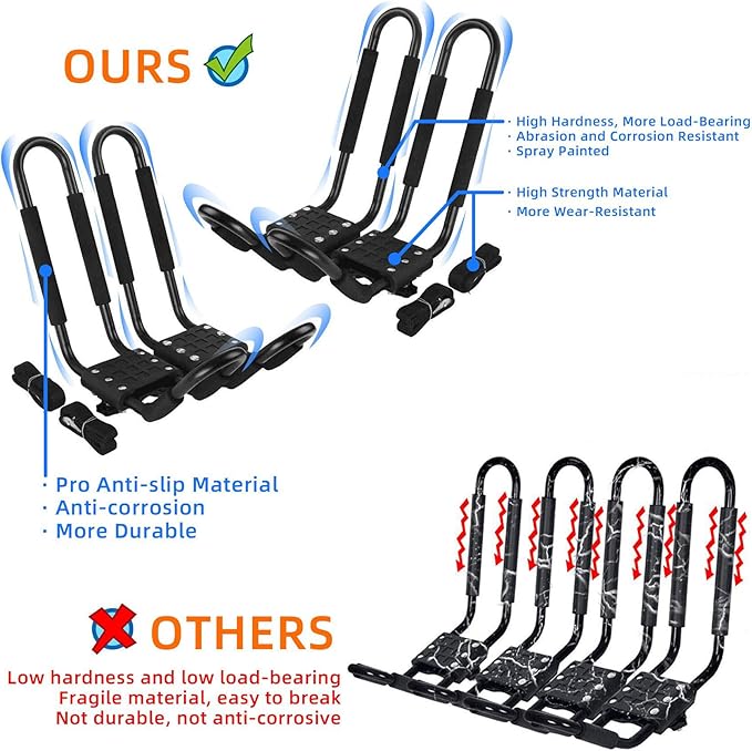PIRIPARA Kayak Roof Rack 2 Pairs J-Bar Carrier Holder for Canoe, SUV, Cars, Truck, Surf Ski, Car Top Mount Racks for Trip, Set of 4