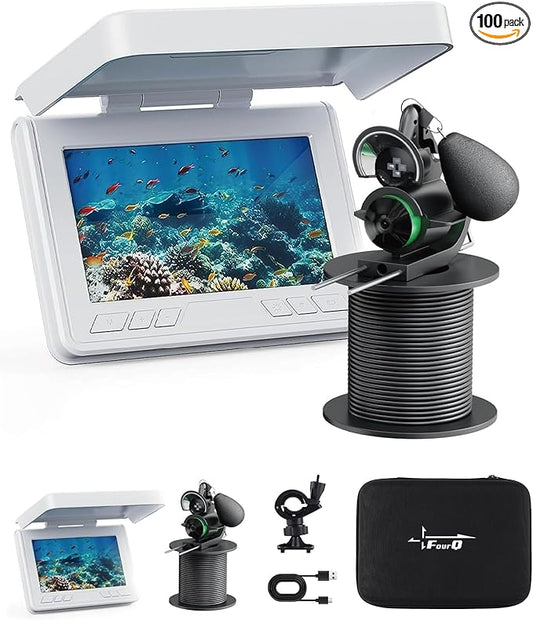 FourQ 水中釣りカメラ、220°超広角ビデオ魚群探知機、4.3インチHD LCDモニター、5000mAhバッテリー、65フィート防水ケーブル、IRナイトビジョン、氷上・湖・ボート・カヤック釣り用（65フィート）