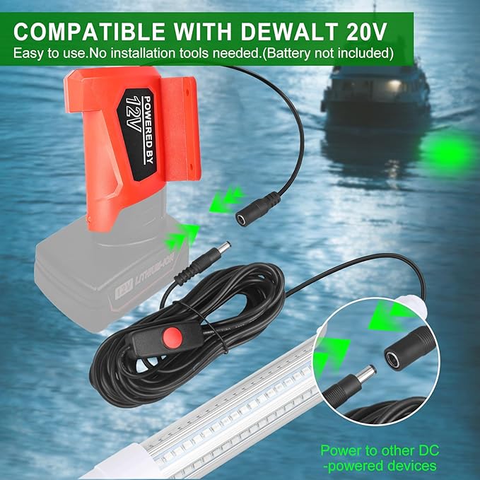 Milwaukee M12 12Vバッテリー対応水中集魚灯、LED水中集魚灯、クラッピー・イカ誘致用、13W、1512ルーメン、グリーン水深灯(バッテリーなし)
