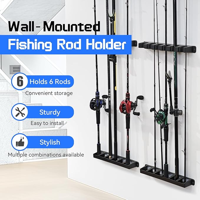 Fishing Rod Holder for Garage Fishing Pole Holders Fishing Rod Rack Vertical Wall-Mounted for Garage Stores 6 Rods or Combos Fits Most Rod Diameters (Vertical Black, 1 Pair)