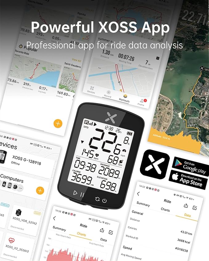 XOSS G+ Gen2 GPS Bike Computer ANT+/ Bluetooth IPX7 Cycling Computer Rechargeable Speedometer Odometer with 2.2 inch LCD Screen, 28 hrs Long Battery Life with Vortex Speed Cadence Sensor-2 Pack