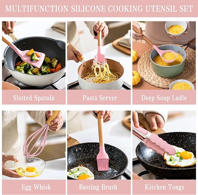 Umite Chef シリコンキッチン用品セット 33点セット ノンスティック 調理器具スタンド付き 木製ハンドル ピンク