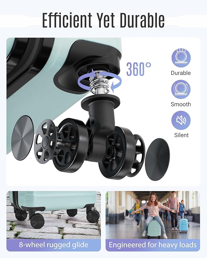 LIGHT FLIGHT スーツケースセット 3点セット 耐久性 スピナーホイール付き 3ピース ハードサイド 軽量スーツケース TSAロック付き 大型チェック旅行用スーツケース 20/24/28インチ ミントグリーン