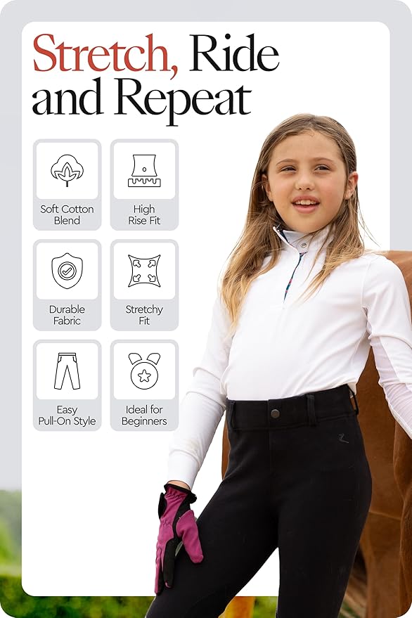 HORZE Nora Girls Riding Pants with Leather Knee Patch | Kids Equestrian Girls Jodhpurs Breeches | Size Chart in Images