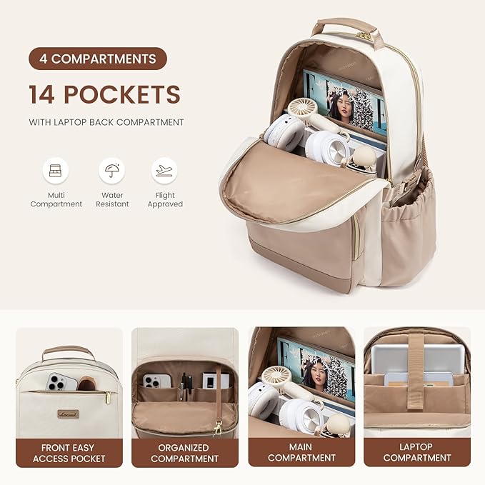 LOVEVOOK Laptop Backpack for Women with Pouch Pocket for Large Capacity Cup,15.6 Inch Laptop Computer Bag Travel Backpack Purse,Waterproof Work Business Backpack College Teacher Bags,Gray-Pink