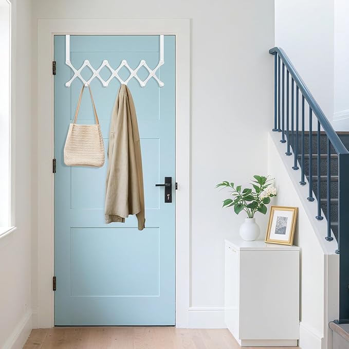 Expands Over The Door Hook Rack, Heavy Duty No Drill Hooks for Bathroom, Bedroom, Kitchen, Closet - Over The Door Hanger for Towels, Robes, Bags, Coats(White)