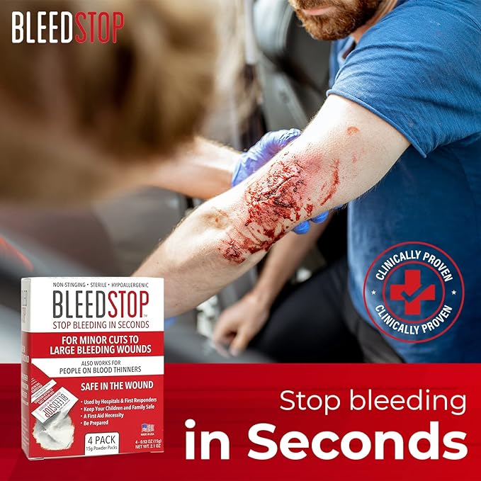BleedStop™ 応急処置止血パウダー、外傷キット、血液凝固阻止剤服用者、キャンプの安全、中程度から重度の出血創傷または鼻血用サバイバル用品 – 4袋入り (15g)