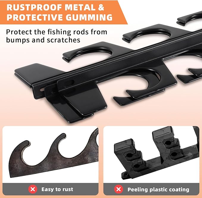 Fishing Rod Pole Holders, Wall or Ceiling Mounted Metal Fish Rod Rack with Protective Layers, 2 Set Horizontal Fishing Pole Storage Organizer Holds Up to 10 Rods, Fishing Gifts for Men, Black