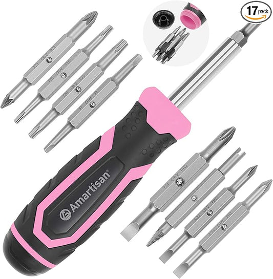 Amartisan 18-in-1 Multi-bit Screwdriver Set Tool All in One, Portable Multi-Purpose Screwdriver, Slotted/Philips/Pozi/Torx/Square,Nut Driver (Pink)