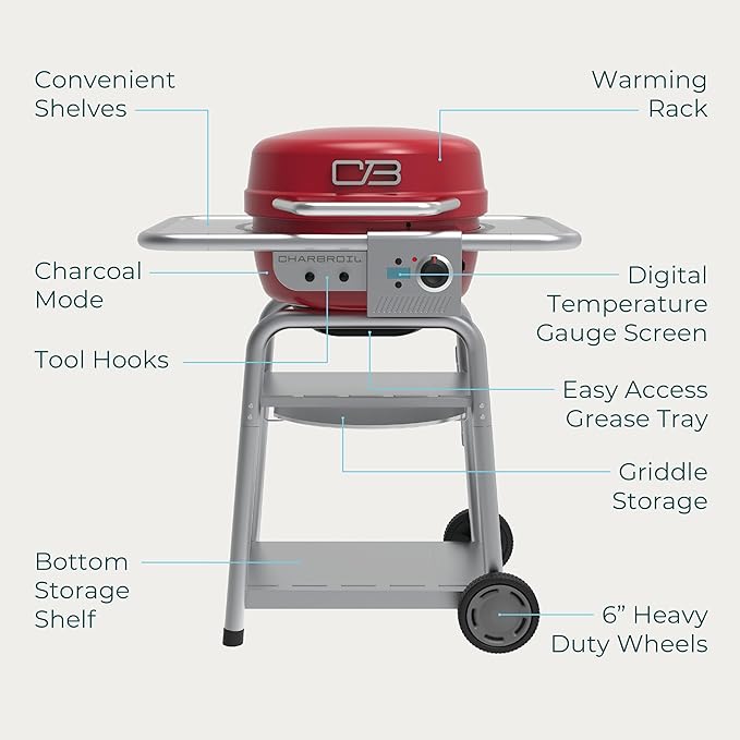 Charbroil 3-in-1 Dual Fuel Outdoor Bistro Pro Electric Grill & Griddle + Charcoal Mode BBQ, Red - 25302146
