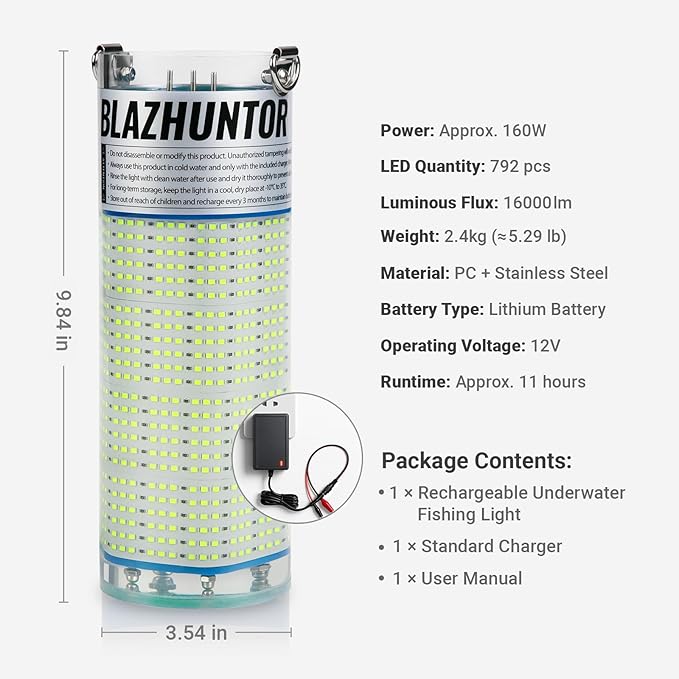 Rechargeable Underwater Fishing Light,Auto On in Water,Multi-Color Options, Up to 16000lm, IP68 Waterproof,No External Power,Cordless,Night Boat Dock Ice Fishing