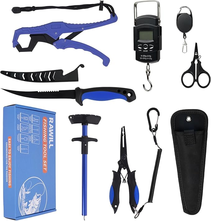 RAWILL Fishing Kit,Filleting Knife,Hook Remover,Fish Grip, Line Cutter,Fishing Scale, Pliers with Lanyards,Not Include Batteries