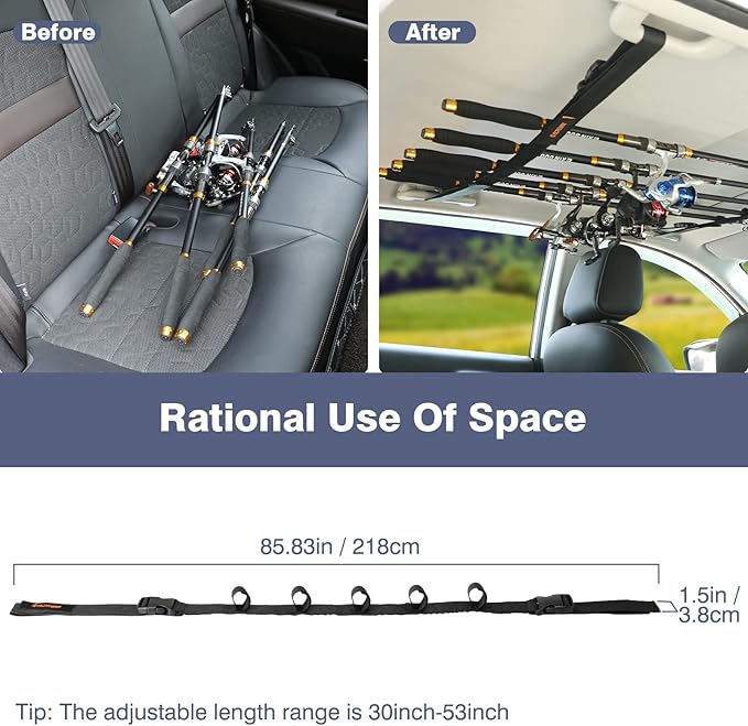 2 Pack Vehicle Fishing Rod Holder - Fishing Pole Car Rack 5 Rods Capacity, Adjustable 30 to 54 Inches Horizontal Roof Storage Carrier Belt for SUV, Truck and Van, Black