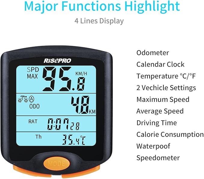 Bike Computer, RISEPRO® Wireless Bicycle Speedometer Bike Odometer Cycling Multi Function Waterproof 4 Line Display with Backlight YT-813