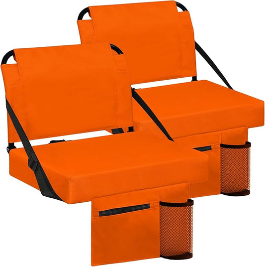 Stadium Seats for Bleachers 2 Pack w/Back Support Bleacher Seat Soft Cushion Light Weight Includes Shoulder Strap & Cup Holder, Front & Back Zipper Pocket, Suitable for Sports Events,Orange