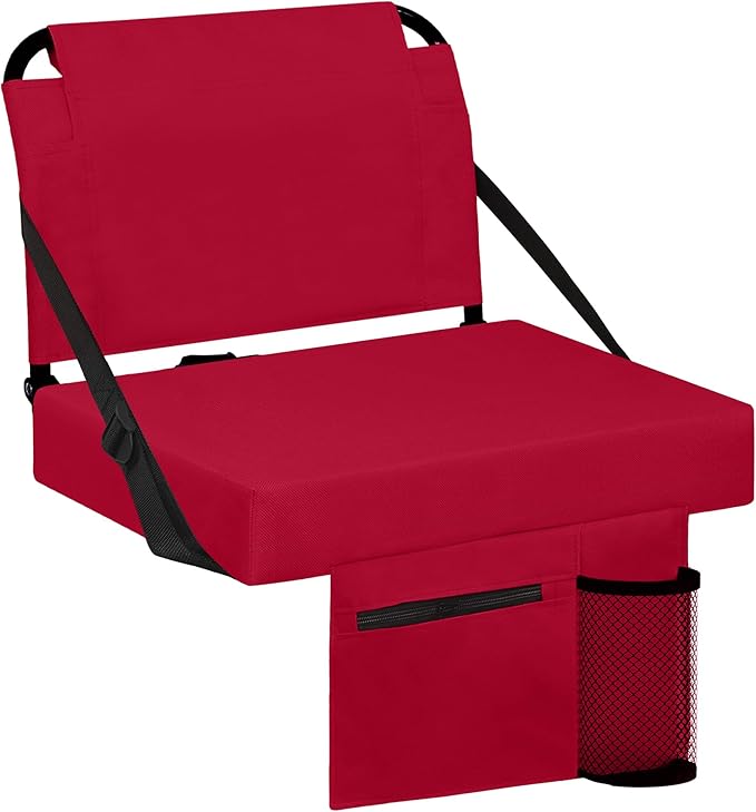 Stadium Seats for Bleachers with Back Support Bleacher Seat Soft Cushion Light Weight Includes Shoulder Strap & Cup Holder, Front & Back Zipper Pocket, Suitable for Sports Events,Maroon