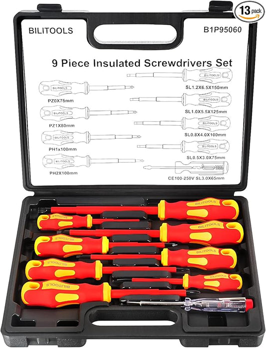 BILITOOLS Insulated Screwdriver Set, 9pcs 1000V Electrical Screwdriver Insulated VDE Tools for Electrician Magnetic Phillips Slotted Pozidriv Tips