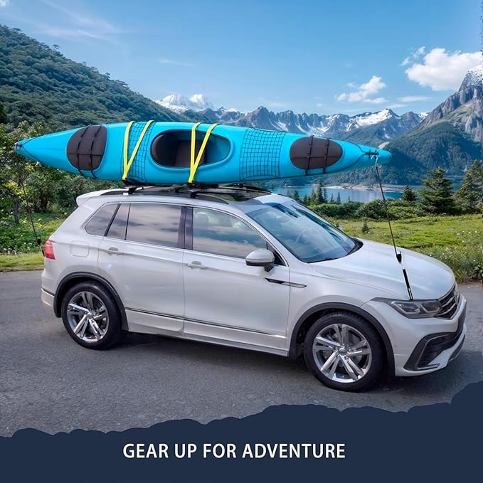 ARKSEN 2 Pair Universal Folding Kayak Roof Rack with 4 Lashing Strap, 4 Stern Tie Down Straps, 4 Anchor Straps, Heavy-Duty Adjustable J-Bar Kayak Carrier for Car, SUV, and Truck