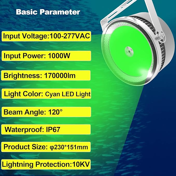 1000W LED Dock Fishing Lights, 170000lm High Brightness Fish Collector Light, IP67 Waterproof Fish Attracting Lights,10KV Lightning-Proof Green Color Fishing Light for Ship/Night/Net Fishing