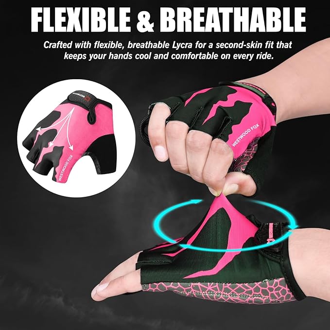 WESTWOOD FOX Cycling Gloves Half Finger Unisex Padded Grips Palm Bicycle Summer MTB Bike Gloves for Men Women Non-Slip Fingerless Short Mountain Bike Sports Hiking Climbing Gym