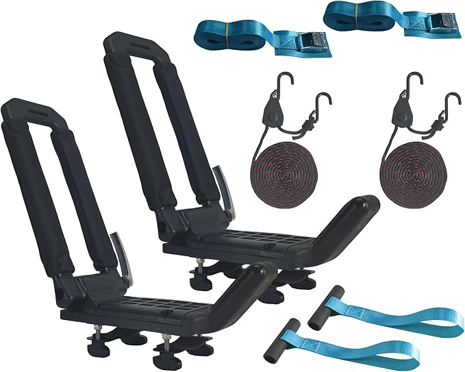 Folding Kayak Roof Rack - Low Profile When Folded, Universal Car SUV Truck Carrier, Elliptical Aluminum Alloy, Tool-Free Locking Hinge for Kayak, Canoe, SUP (Holds 100 lbs)