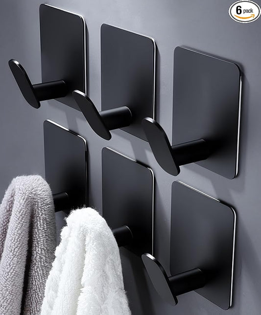 DELITON Black Towel Hook 6 Pack, Stainless Steel Stick on Wall Hooks for Hanging Coat Robe Hat, Self Adhesive Hooks, Heavy Duty, No Damage